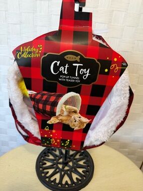 NWT by MEOW offers a Red Buffalo Plaid Cat Tunnel with Teaser Toy.